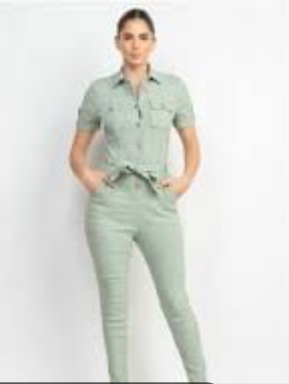EUC - Worn Once - Haute Monde Sage Green Short-Sleeve Utility Jumpsuit
